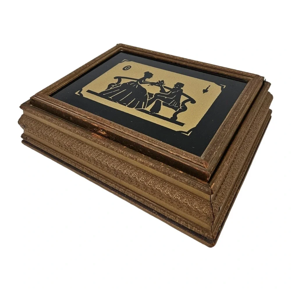 Vintage Silhouette Jewelry Box Wood Glass Top Love Scene Keepsake Victorian